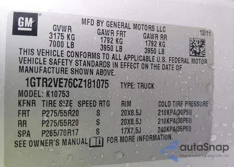 2012 GMC Sierra 1500 Sle from USA, damaged, VIN 1GTR2VE76CZ181075